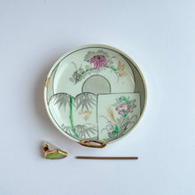 Load image into Gallery viewer, Antique Imari Pink Flower & Bamboo Drawing Small Plate (Ko-zara) with Kintsugi Incense Holder - Tomomi Kamoshita