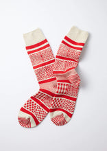 Load image into Gallery viewer, Multi Jacquard Crew Socks / Ivory & Red - ROTOTO