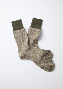 Double Face Crew Socks - Silk & Cotton / Olive & Dark Khaki - ROTOTO