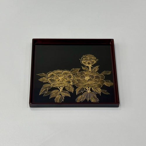 Straight-Rim Rectangular Tray with Chinkin Peony Design - Kawatsura Shikki