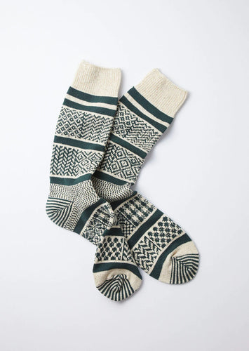 Multi Jacquard Crew Socks / Ivory & D.Green - ROTOTO