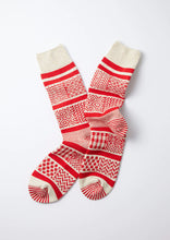 Load image into Gallery viewer, Multi Jacquard Crew Socks / Ivory &amp; Red - ROTOTO