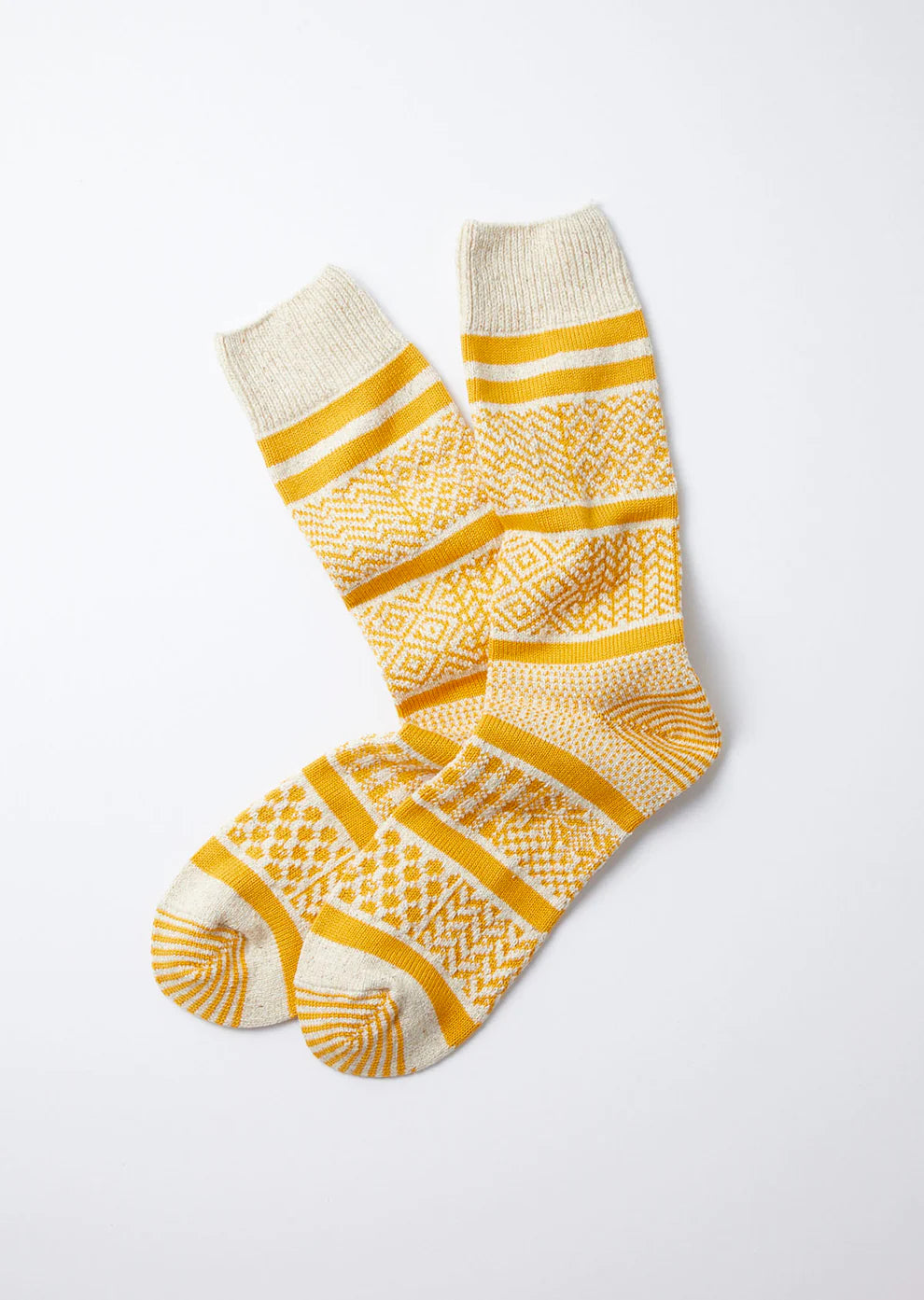 Multi Jacquard Crew Socks / Ivory & Yellow - ROTOTO
