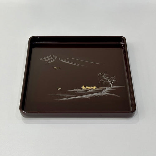 Tame Lacquer Square Tray with Chinkin Landscape Design - Kawatsura Shikki