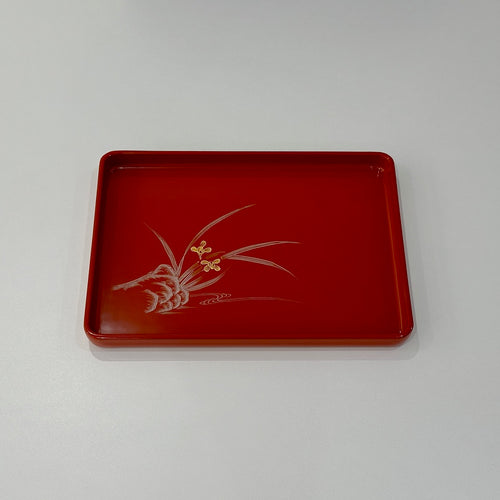 Oblong Tray with Spring Orchid Design / Washed Red  - Kawatsura Shikki