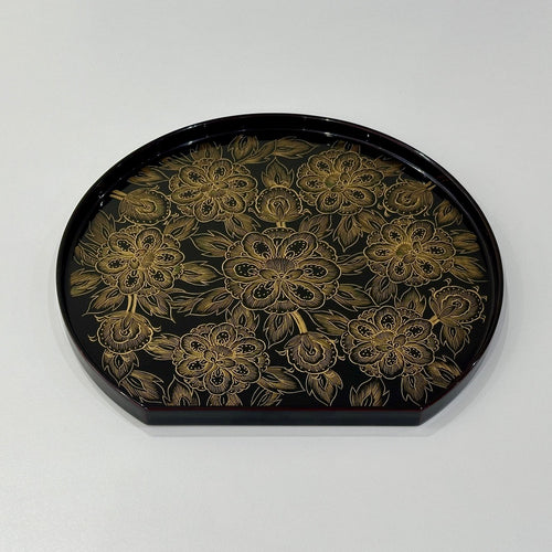 Hon-Tame Half-Moon Tray with Chinkin Peony - Kawatsura Shikki