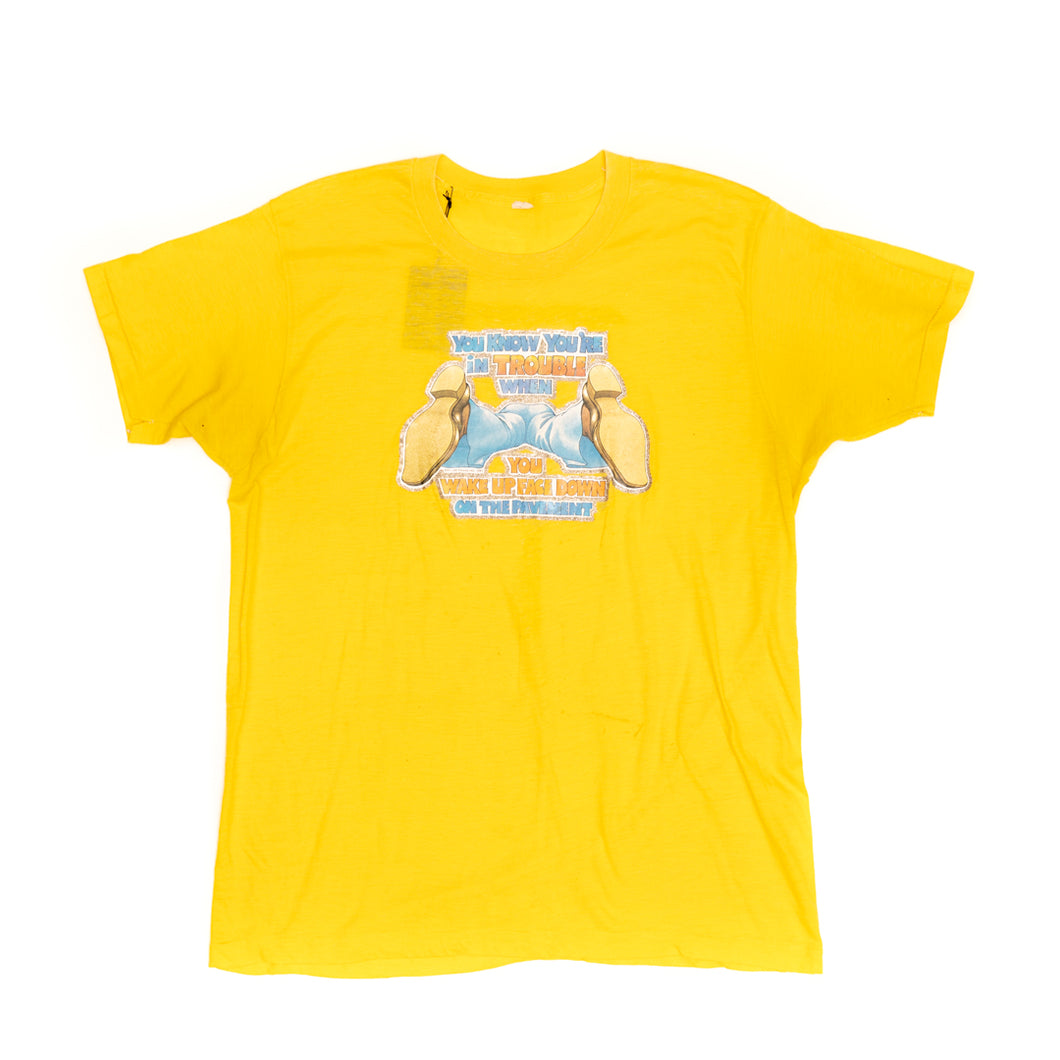 Vintage 1981 Glitter Print ‘You Know Your in Trouble’ Tee / T3 / Yellow / M - SEARCH&DESTROY