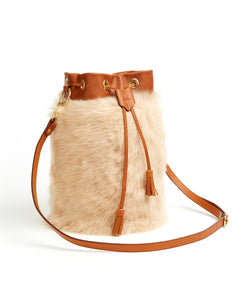 Drawstring Shearling Bag with 2 Way Shoulder Strap - L / Biscuit Shearling & Tan - (ki:ts)