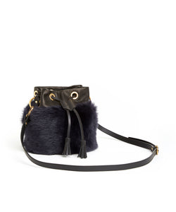 Drawstring Shearling Bag - S / Navy Shearling & Black - (ki:ts)
